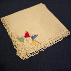 Handkerchief White Linen Crocheted Edges and Star 1960s Yellow Blue Red Green